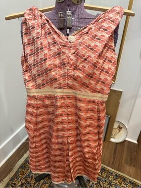 Lida Baday Silk Sleeveless jacquard Coral Patterned V-Neck Women's Dress